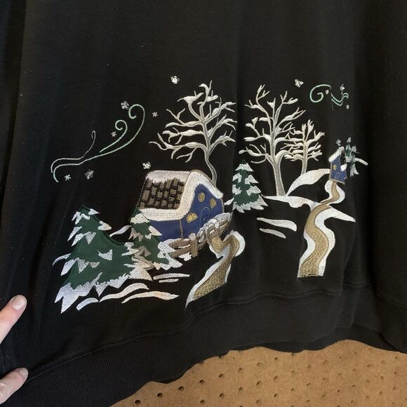 VTG Christmas Sweater Pullover Sweatshirt Black Embroidered Woodland Cabin Xl - Picture 2 of 8